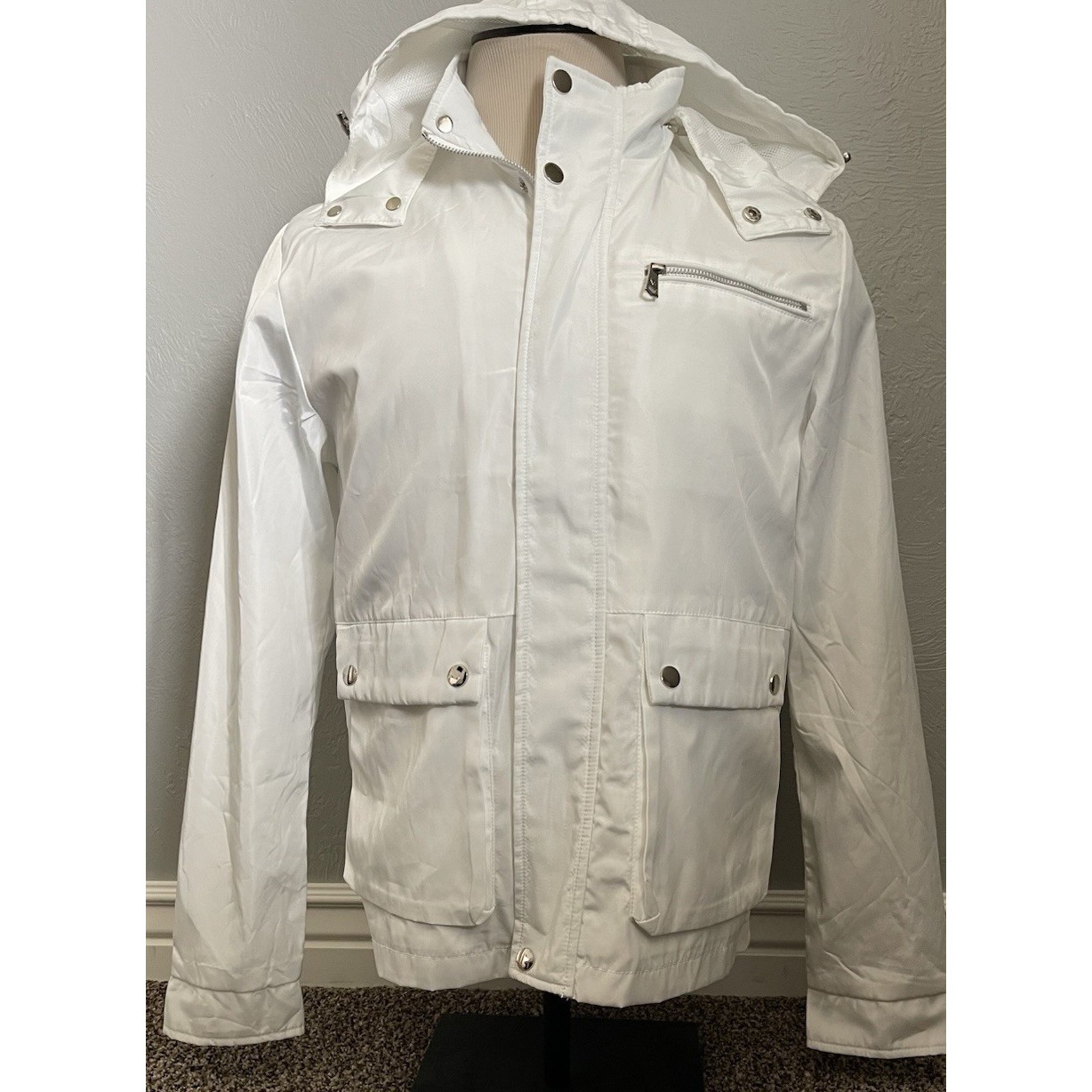 New! Fried Denim White Jacket Men's Size Medium Removeable Hood Windbreaker